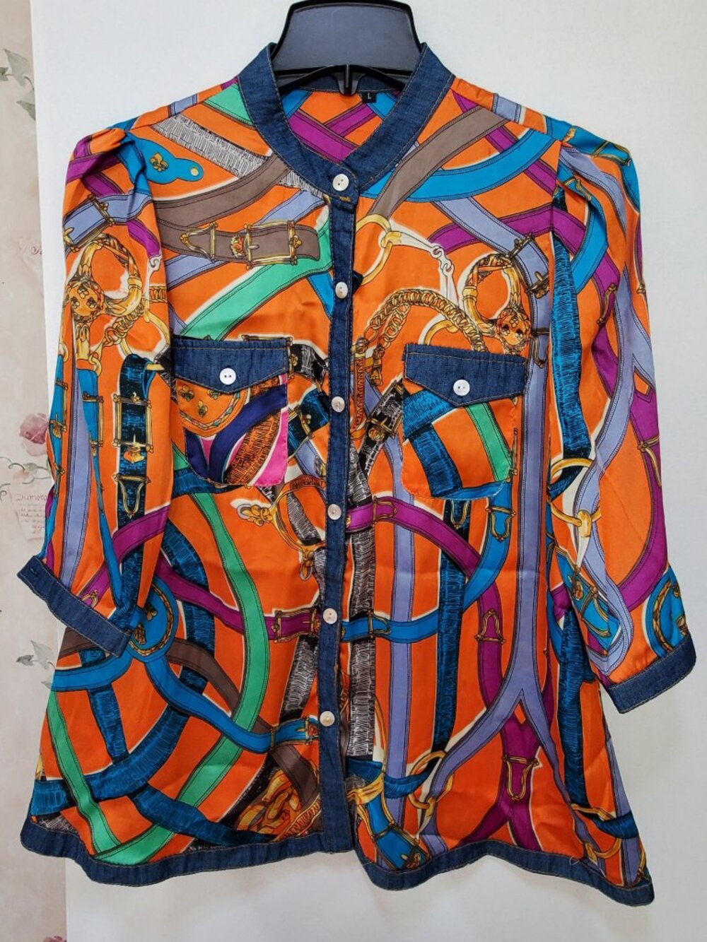 Vintage Horse Bit Bridle Golf Shirt Womens L Navy Equestrian Print